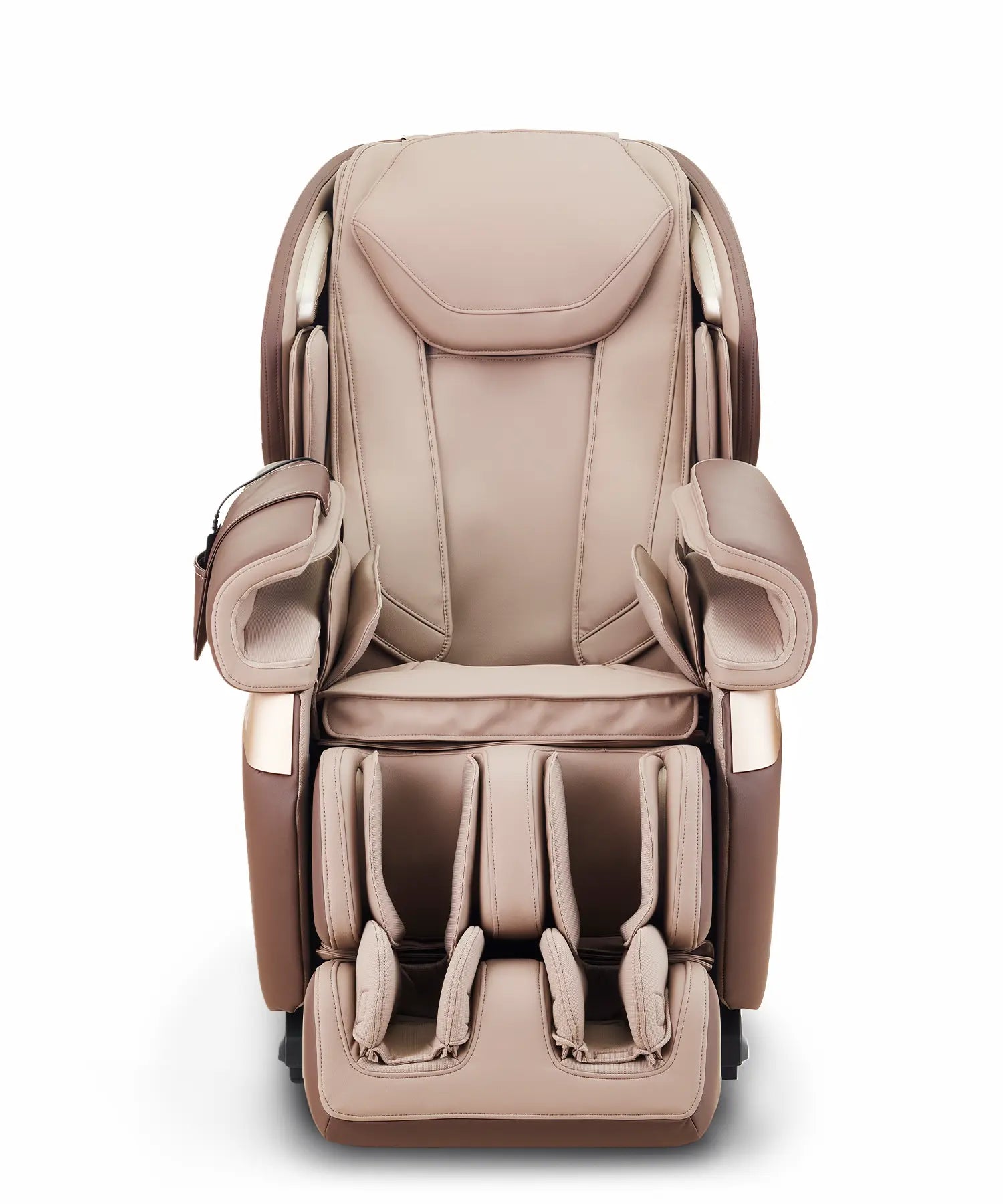 Front view of Fujiiryoki Calm Plus massage chair in Brown, featuring luxurious ergonomic design, full-body massage functions, and premium Japanese craftsmanship for home relaxation