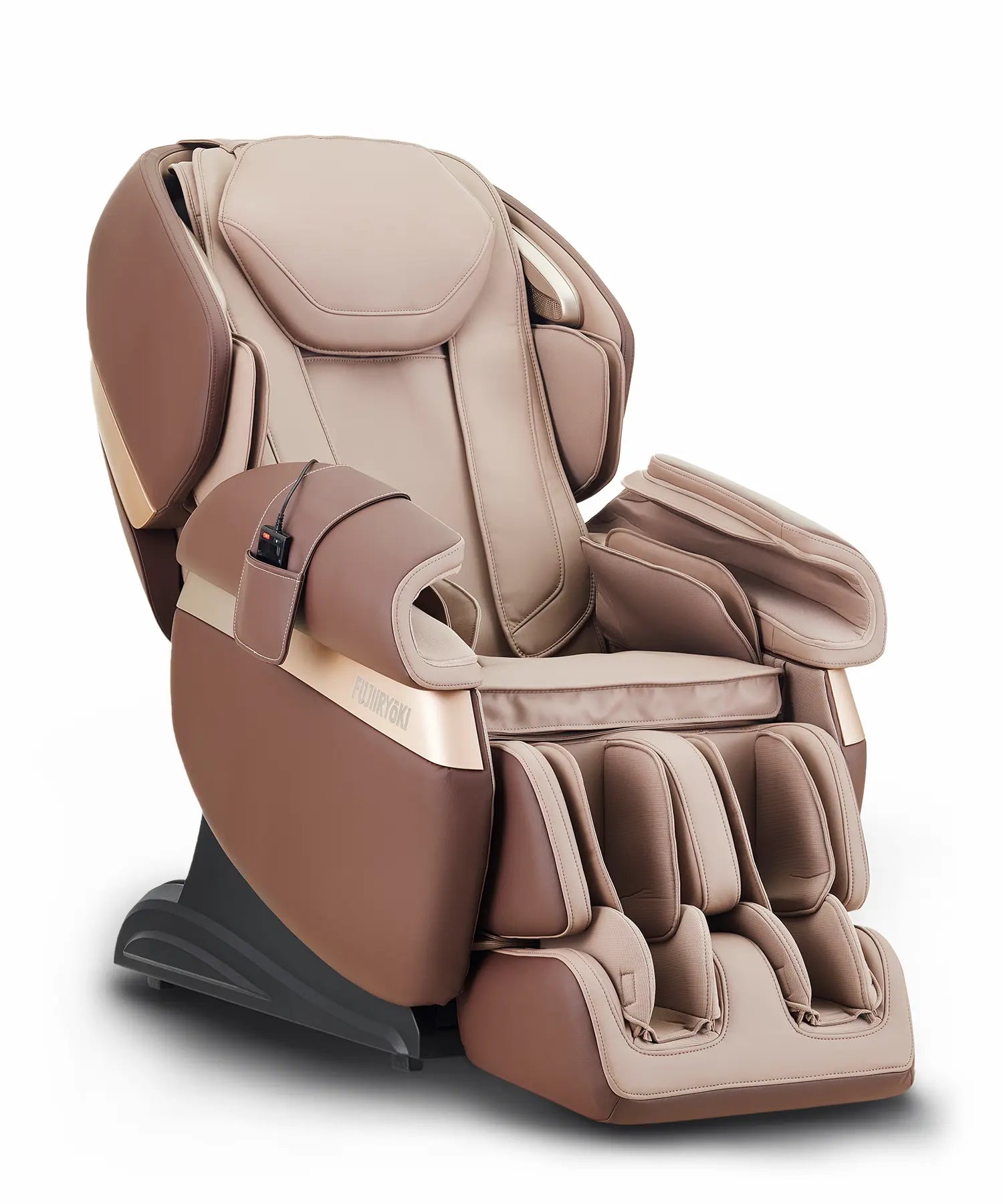 Right-side view of Fujiiryoki Calm Plus massage chair in Brown, highlighting premium Japanese engineering, full-body massage features, and stylish home comfort design