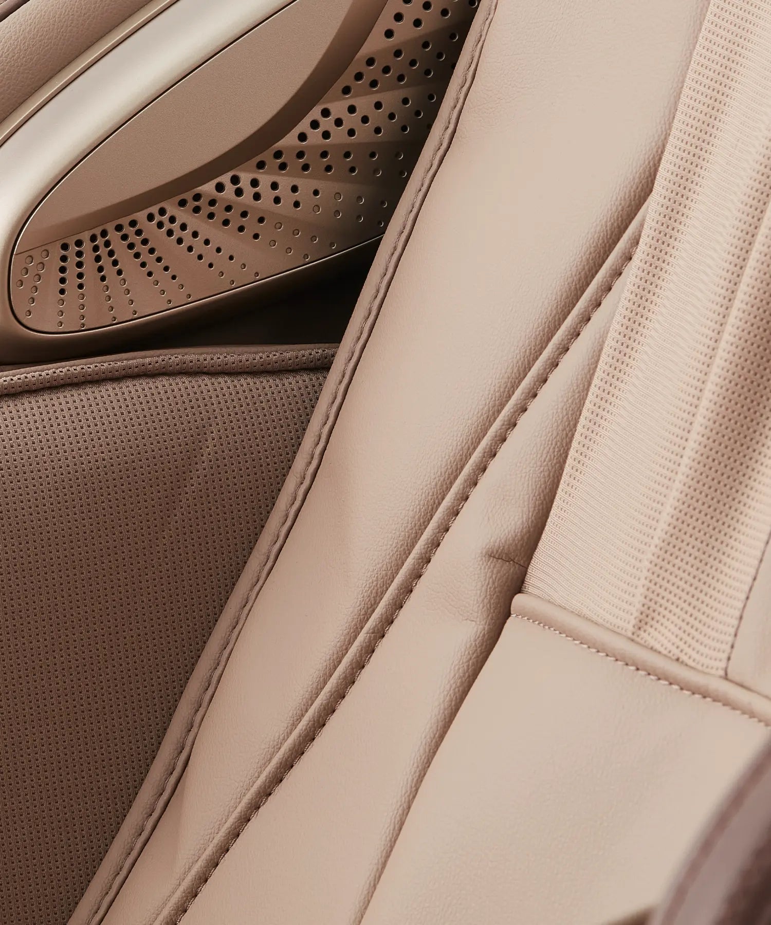 Detailed view of Fujiiryoki Calm Plus in Brown, showcasing luxurious upholstery, advanced full-body massage rollers, and refined Japanese design for home wellness