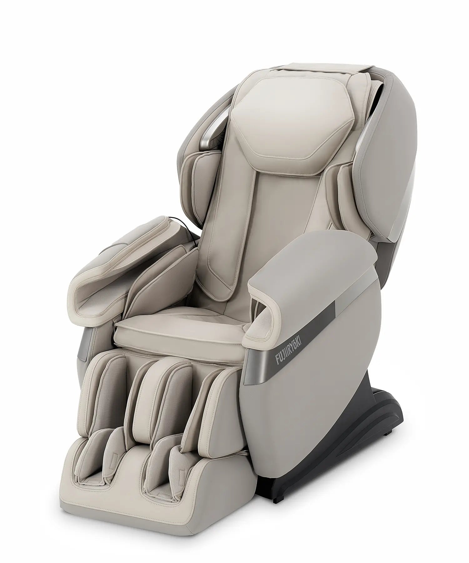 Left-side view of Fujiiryoki Calm Plus massage chair in Gray, highlighting ergonomic design, advanced massage features, and luxurious home wellness experience