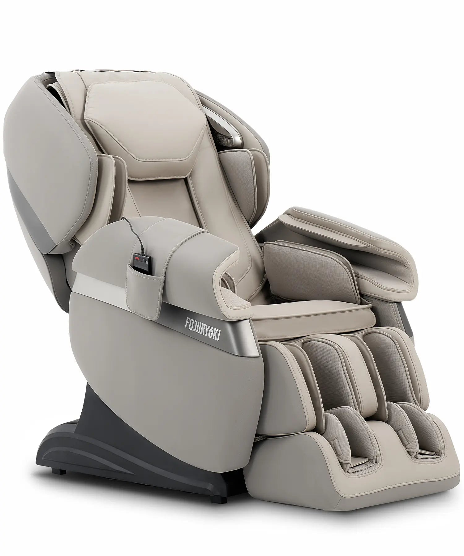Right-side view of Fujiiryoki Calm Plus massage chair in Gray, featuring premium Japanese engineering, full-body massage capabilities, and modern home comfort design