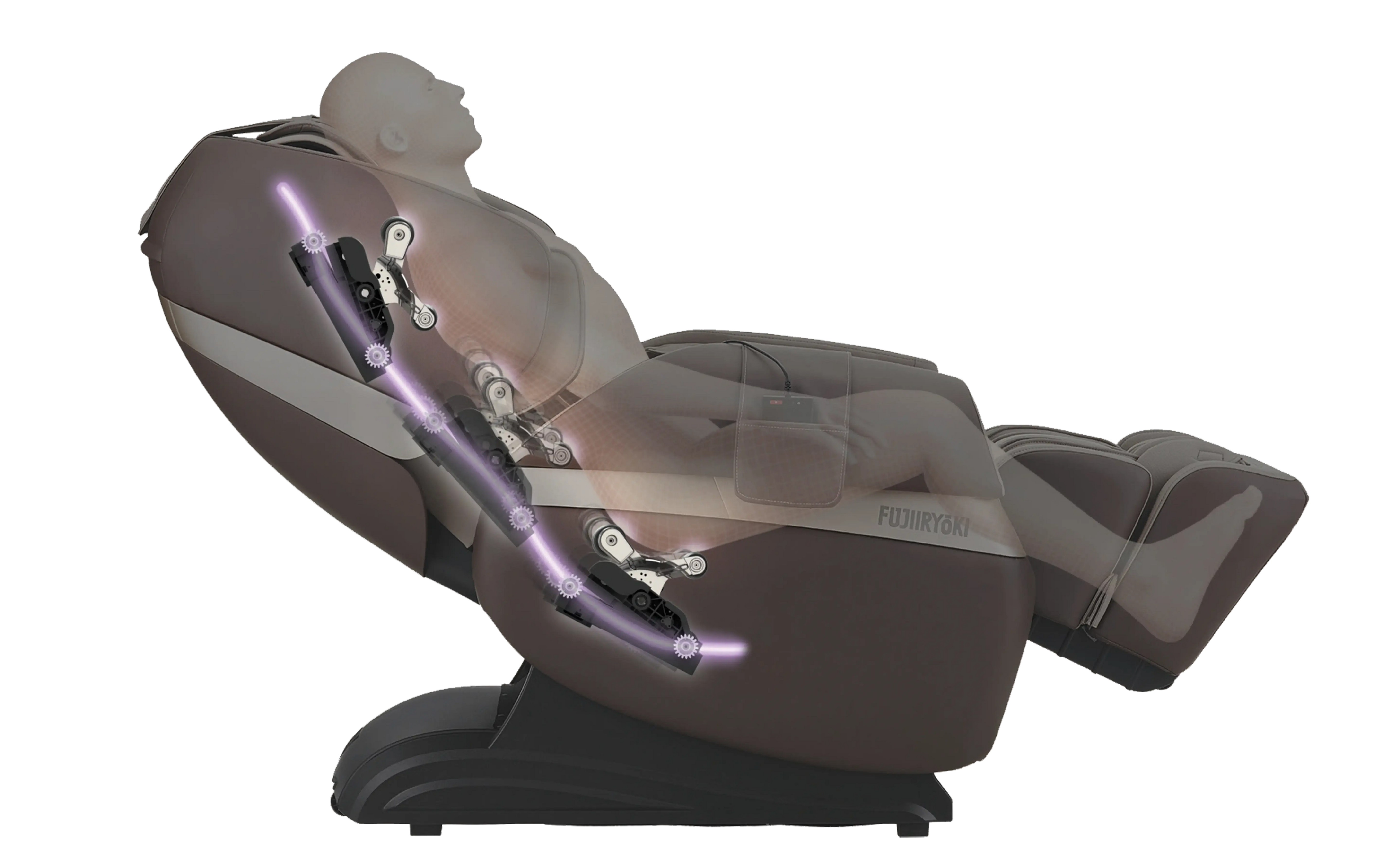 Fujiiryoki Calm Plus brown premium massage chair featuring flexible S-Rail system for full spine massage coverage