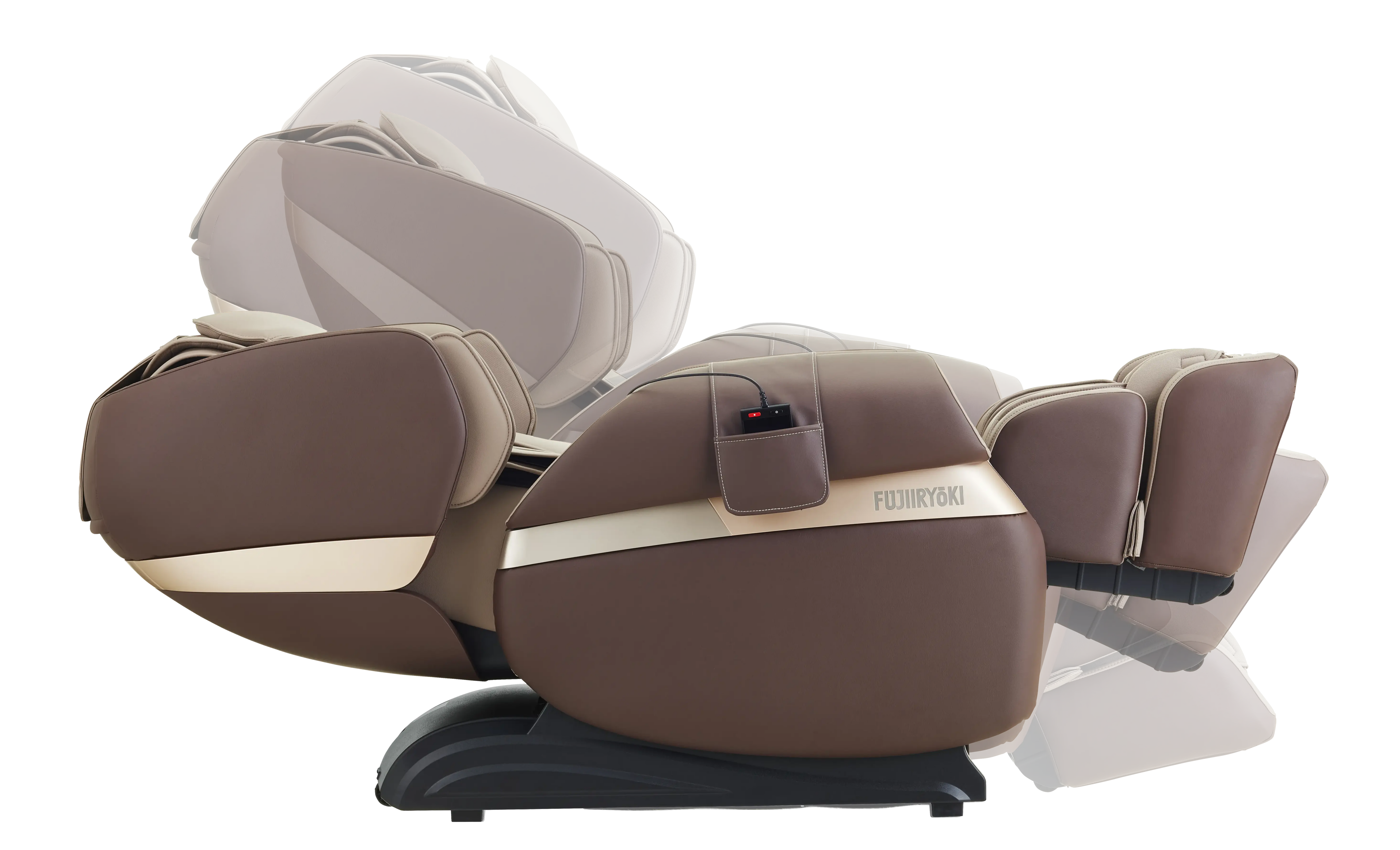 Fujiiryoki Calm Plus brown premium massage chair performing full-body stretching massage program