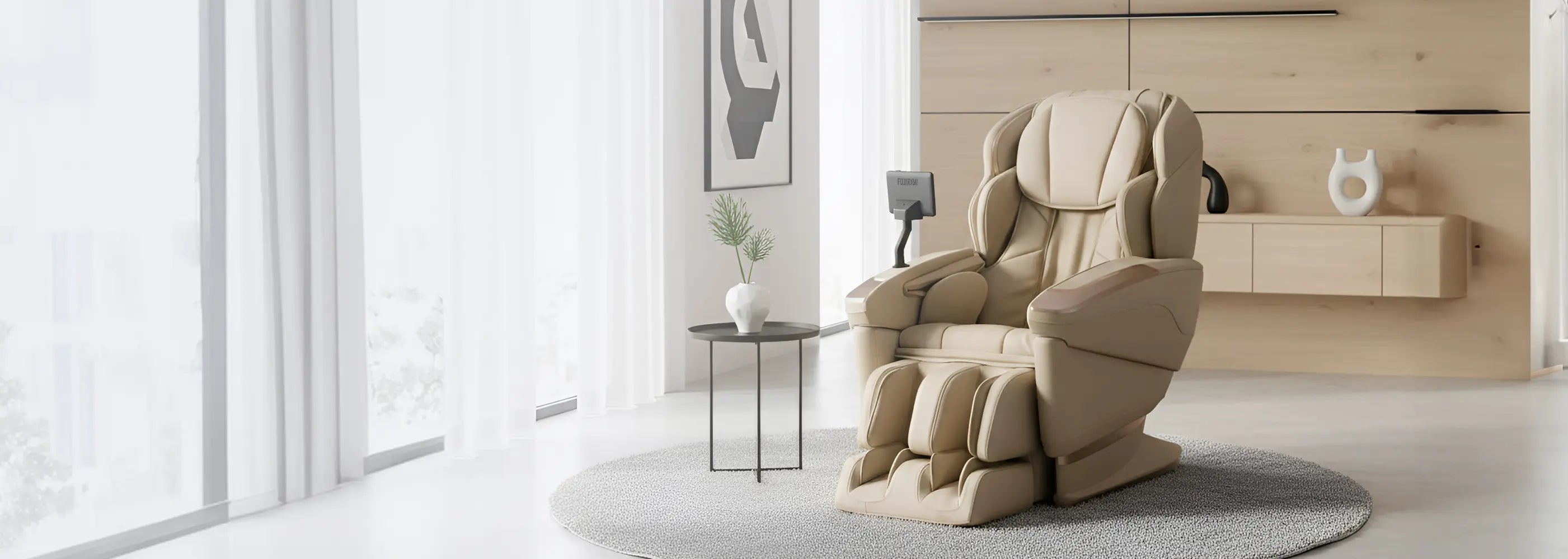 Fujiiryoki JP-4000 beige massage chair featuring advanced full body massage and Japanese engineering