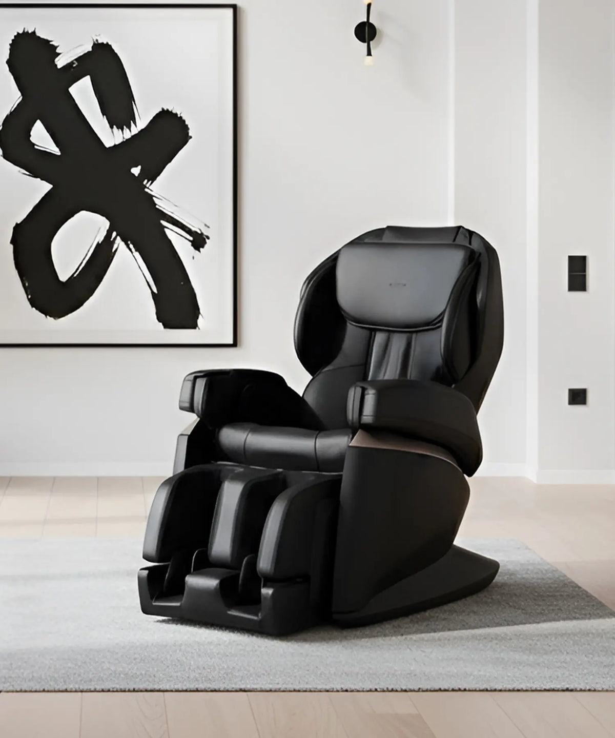 Fujiiryoki JP-2000 black massage chair blending elegant home design with advanced 5D massage technology for a relaxing daily experience.