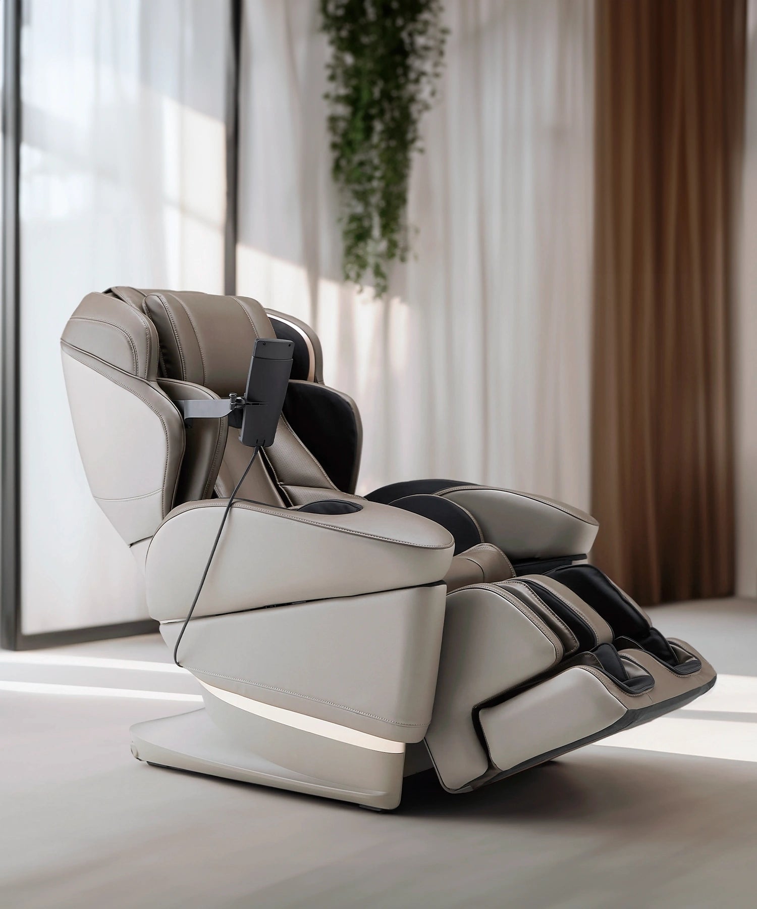 Fujiiryoki JP-3000 massage chair in a modern living room featuring advanced 5D AI massage technology, built-in tablet holder and premium full-body relaxation.