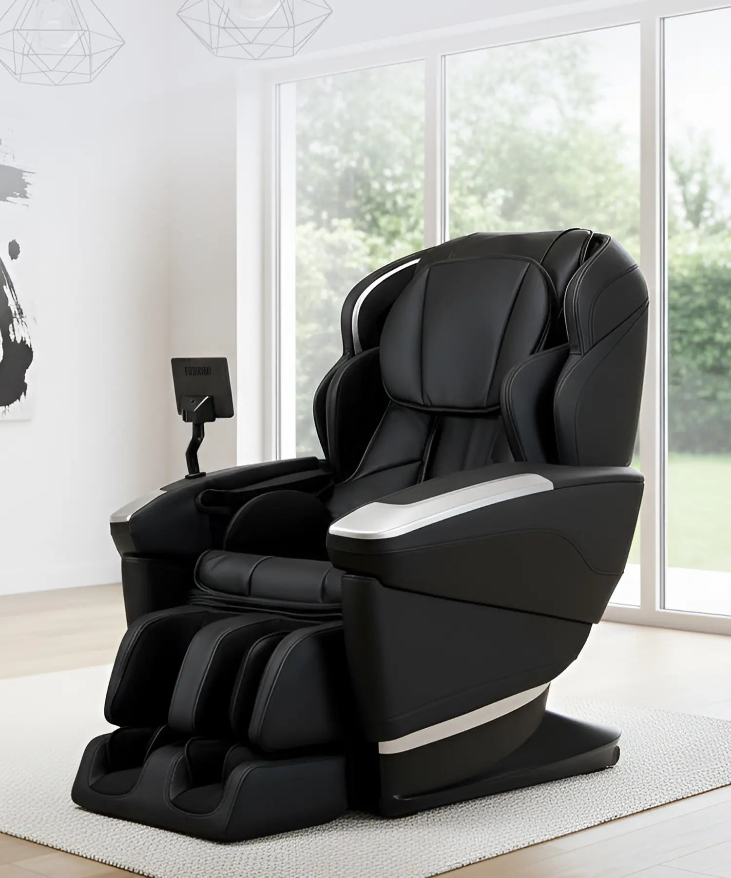 Fujiiryoki JP-4000 black massage chair in Europe featuring advanced full body massage and Japanese technology