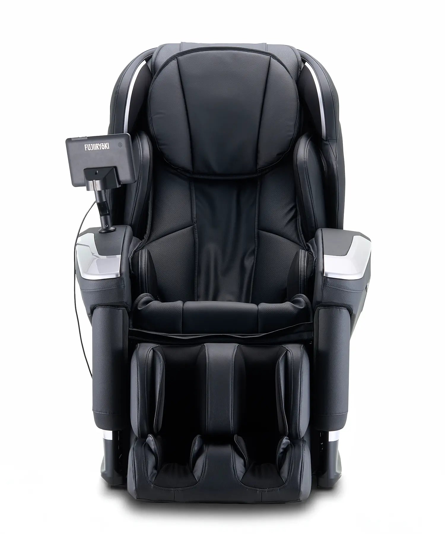 Front-facing Fujiiryoki JP-4000 massage chair in Black, featuring a clean modern design, full-body massage structure, and balanced support for everyday home use