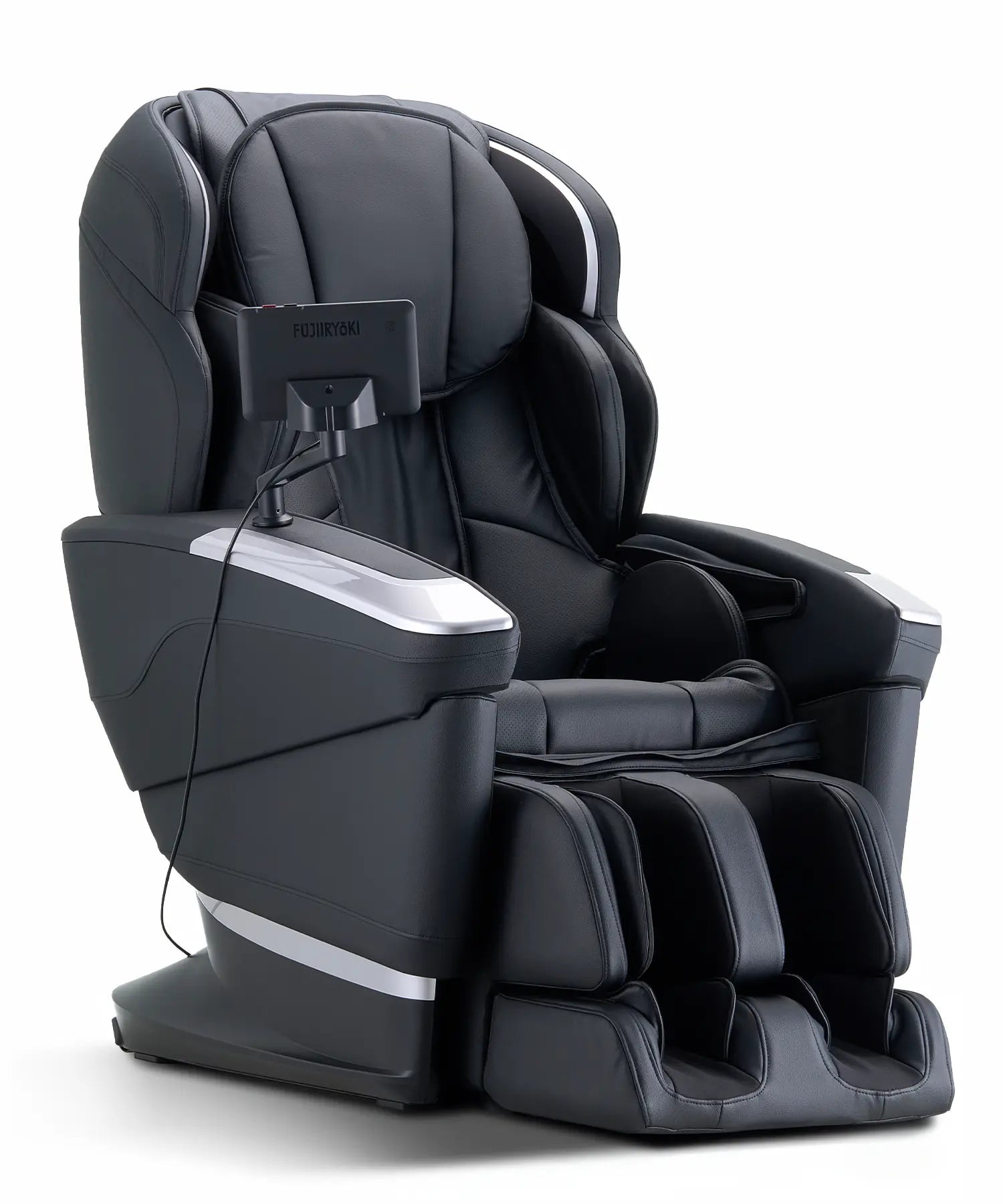 Left-side view of Fujiiryoki JP-4000 massage chair in Black, showing ergonomic contours, accessible control panel, and full-body massage coverage for daily home comfort