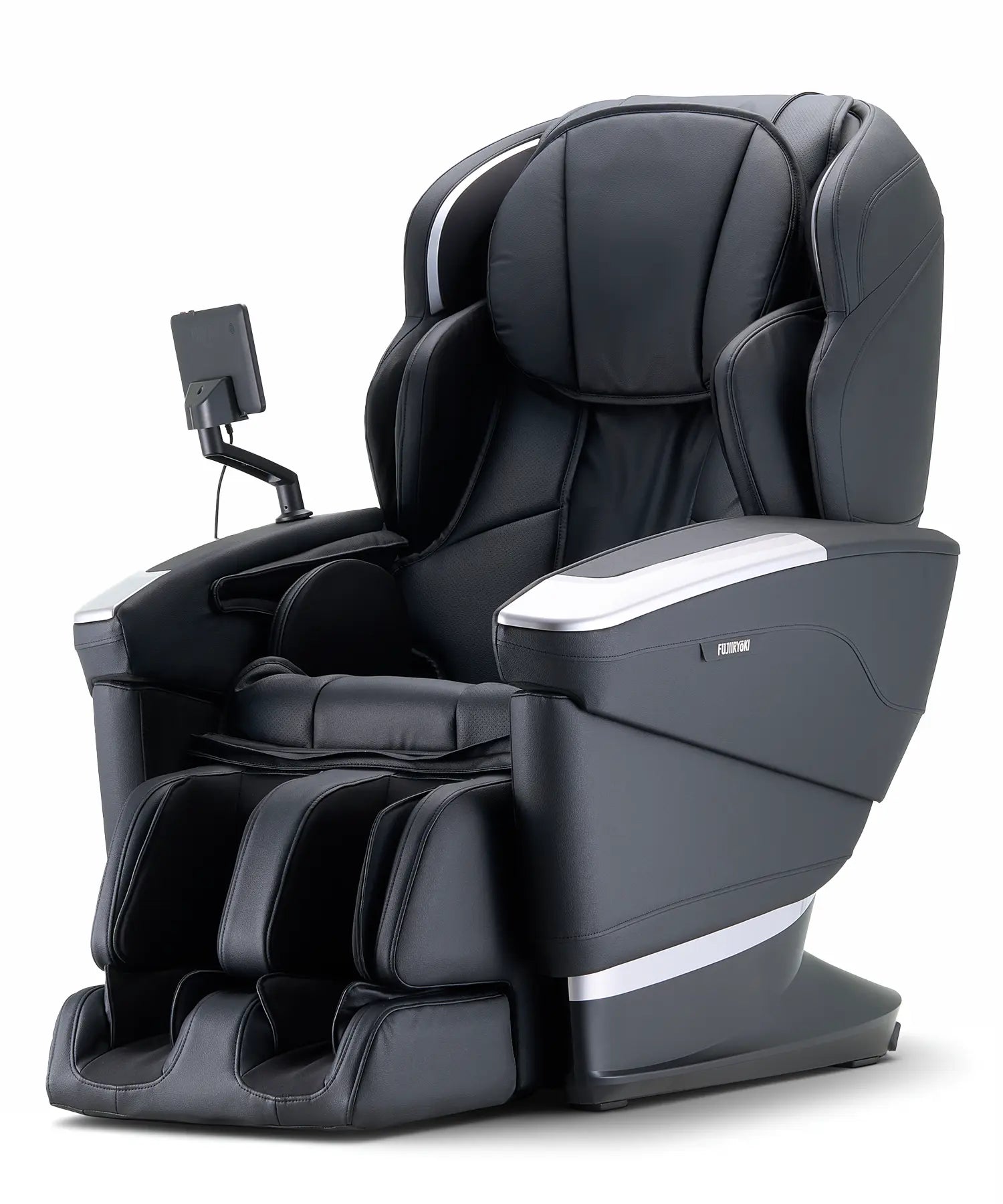 Right-side view of Fujiiryoki JP-4000 massage chair in Black, highlighting its structured frame, comfortable seating, and comprehensive full-body massage functions for home use