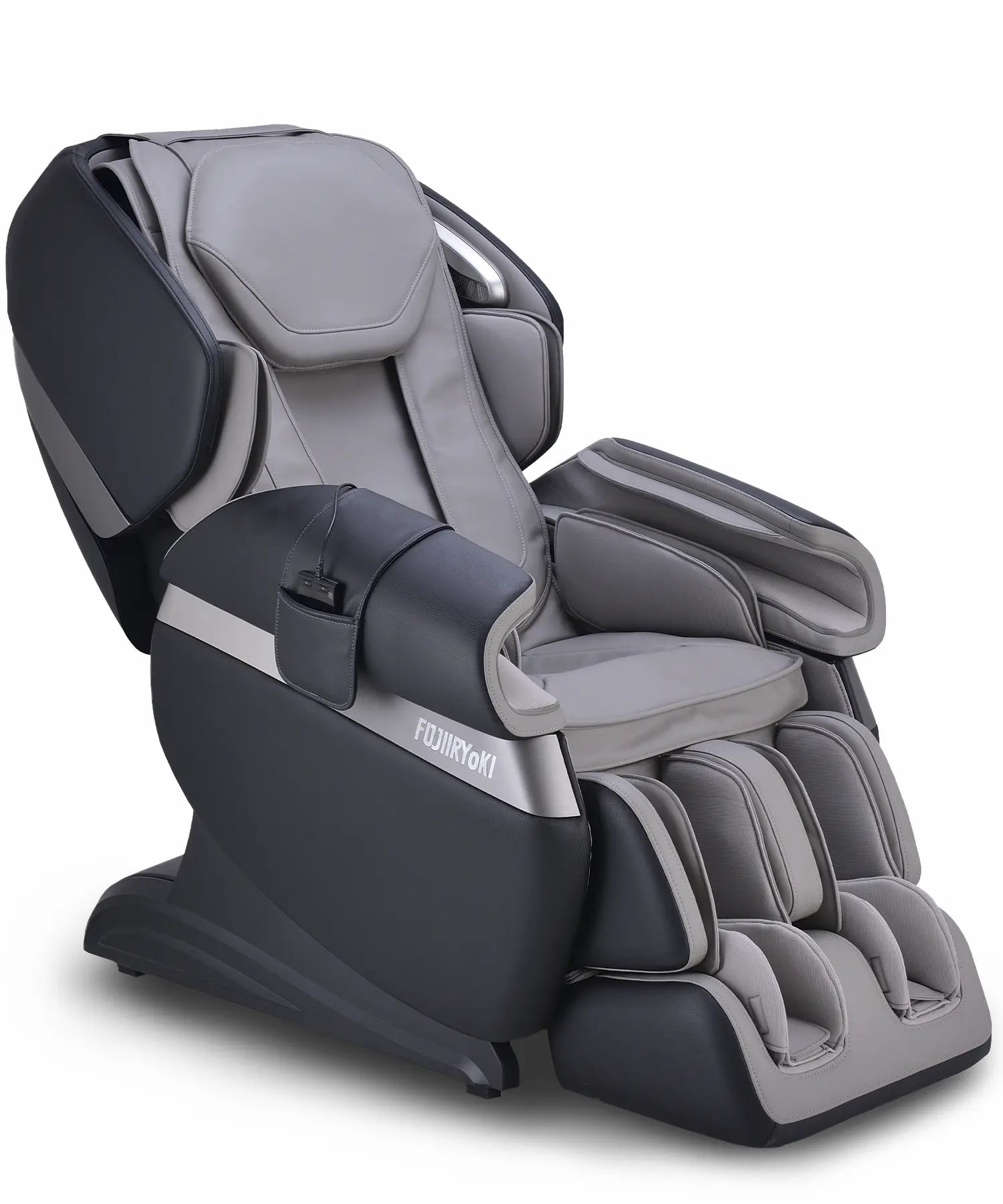 Left-side view of Fujiiryoki Calm Plus massage chair in Black, featuring ergonomic contours, advanced full-body massage functions, and premium home relaxation design