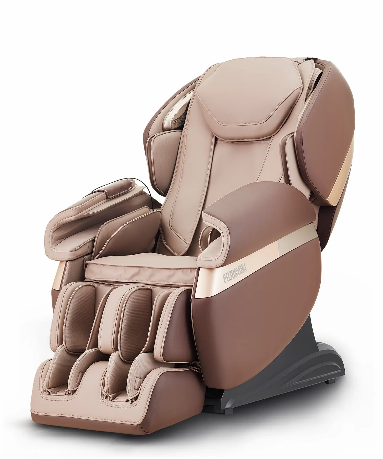 Left-side view of Fujiiryoki Calm Plus massage chair in Brown, showcasing ergonomic design, advanced massage technology, and luxurious comfort for home wellness