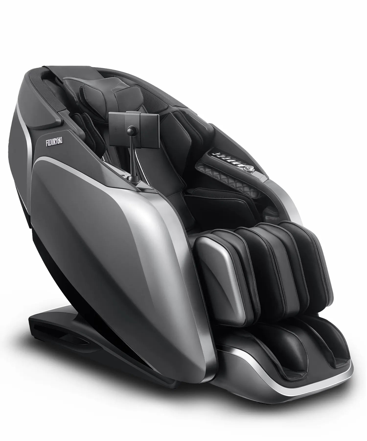 Side profile of Fujiiryoki Relax PRO in Black, illustrating its space-efficient structure, ergonomic seating position, and balanced full-body massage coverage for daily comfort